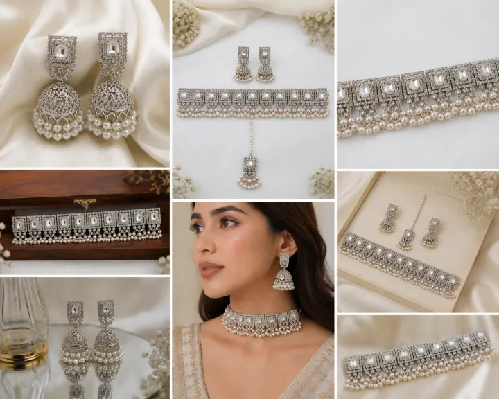 Silver%20Plated%20Pearl%20Jhumka%20Jewelry%20Set%20for%20Women%20%E2%80%93%20Bridal%20Traditional%20Choker%20Set%20with%20Earrings%20&%20Tikka%20%7C%20Wedding%20Party%20Wear%20-%20Image%204