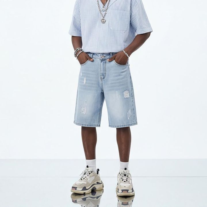 Men's%20and%20women's%20blue%20ripped%20jeans%20trendy%20American%20loose%20straight%20leg%20non%20stretch%20casual%20shorts%20suitable%20for%20summer%20street%20wear%20-%20Image%202
