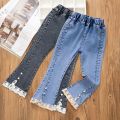 Girls' Jeans Spring and Autumn New Casual 3-12 Year Old Children's Loose Flare Pants Lace Pearl Girls' Denim Pants. 