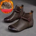 Retro Women Short Ankle Boots 2024 Autumn Winter Faux Cow Leather Slip-on Shoes Handmade Round Toe Light Weight Flat Booties. 
