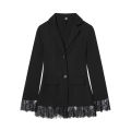 Women's New Fashion Black Fitted Blazer Solid Color Jacket with Lace Details Commuter Long Sleeve Top. 