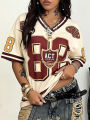 Plus size women's clothing 2025 new V-neck digital printed T-shirt pullover top essential for daily wear.