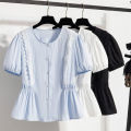 Summer 2026 French Style Sweet Lace Border Thin Top Plus Size Women's Shirts Waist Cinched Short Sleeved Doll Shirt Casual Tops. 