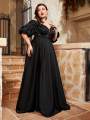 Mgiacy plus size Line neck puffy sleeve satin spliced sequin retraction long skirt Evening gown PROM dress Party dress.