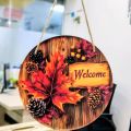 Fall Welcome Door Sign - 8 Inch Round Autumn Wood Grain Hanging Wall Decor with Maple Leaves, Pinecones & Berries. 