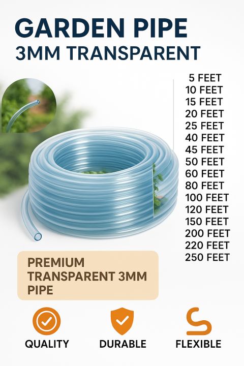 Flexible Transparent PVC Garden Water Pipe – Heavy Duty 3/4 Inch | 3mm Thick Hose for Gardening, Car Wash, Home Use Transparent Water pipe – All Sizes Available