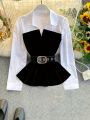 Gadinus Women Two Tone Peplum Belted Shirt Blouse Contrast Panel Long Sleeve Elegant Button Top.