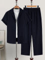 2025 New Men's Short-Sleeved Cardigan Lapel Shirt Pants Home Casual Jacket Suit Men's Fashion Striped Style.