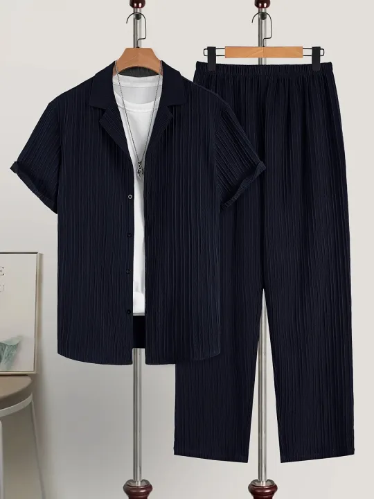 2025%20New%20Men's%20Short-Sleeved%20Cardigan%20Lapel%20Shirt%20Pants%20Home%20Casual%20Jacket%20Suit%20Men's%20Fashion%20Striped%20Style%20-%20Image%206