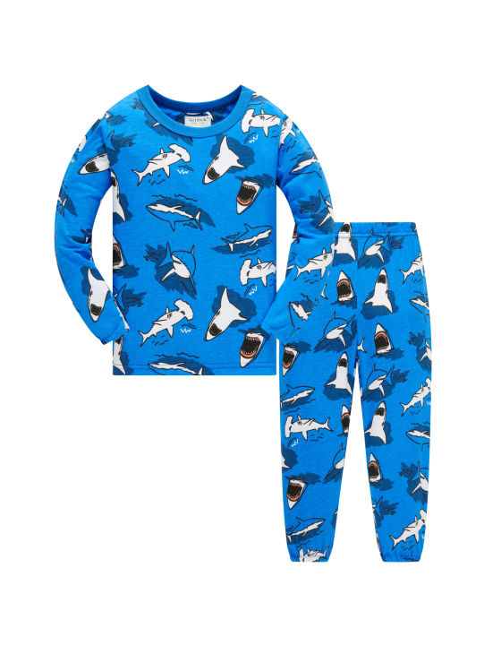 Age 1-8 Kids Sleepwear 4 Seasons Cotton Full Print Cartoon Shark Pajamas Boys Daily Basic Long Sleeved Soft Loungwear Set