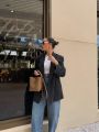 ETJ Fall/Winter 2025 New Women's Street Fashion oversized pinstripe shoulder-padded loose suit jacket for women.