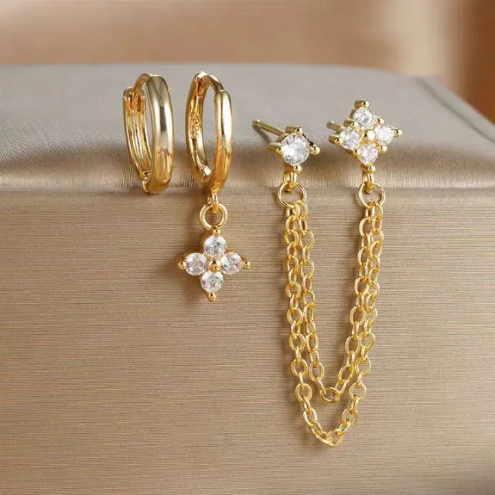 3PCS%20New%20Fashion%20Four%20Zircon%20Flower%20Hoop%20Earring%20Set%20For%20Women%20Stainless%20Steel%20Double%20Stud%20Chain%20Piercing%20Jewelry%20-%20Image%204