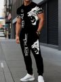 Trendy new summer men's animal lion print breathable round neck T-shirt pants set outdoor high street two-piece set. 