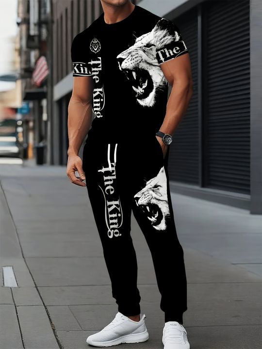 Trendy new summer men's animal lion print breathable round neck T-shirt pants set outdoor high street two-piece set