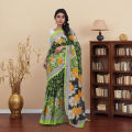 Bright Orange & White Floral Print on Olive Green Body | Digital Printed Saree | Contrast Aanchal & Border. 