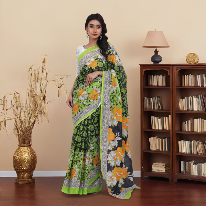 Bright Orange & White Floral Print on Olive Green Body | Digital Printed Saree | Contrast Aanchal & Border