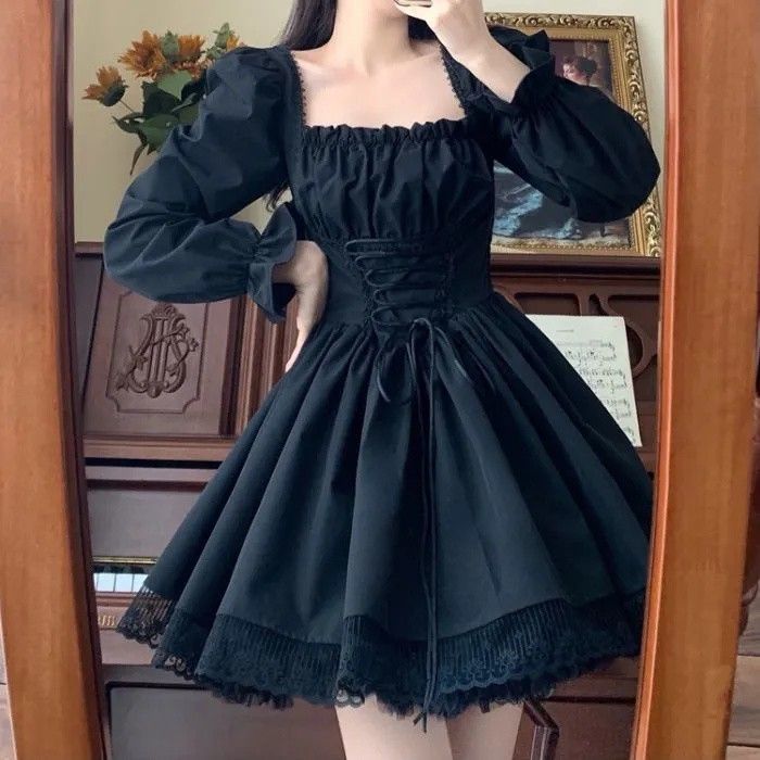 Halloween Gothic Grunge Punk Women Dress Long Sleeve Lace Slim Black Dresses New Y2K Harajuku Lolita Fairy Core Party Dress