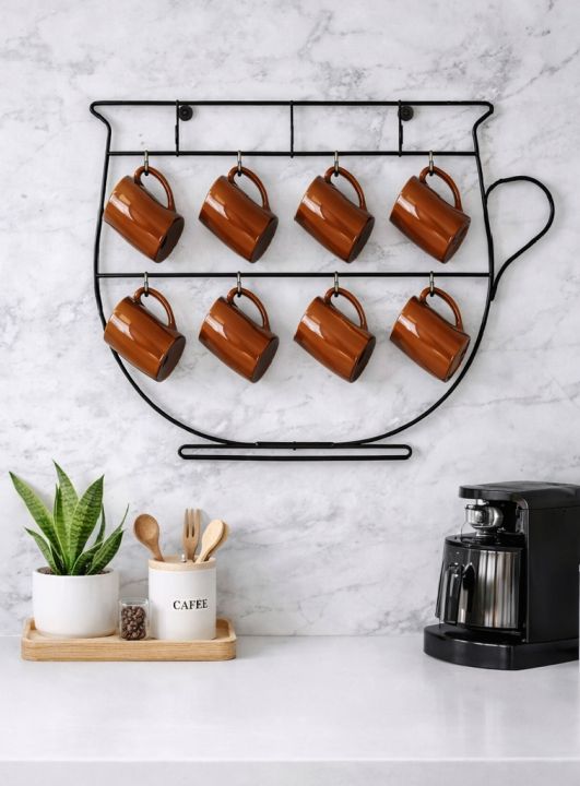 Wall Mounted Cup Shape Mug Holder – 8 Hooks Iron Coffee Cup Rack for Kitchen & Café Decor