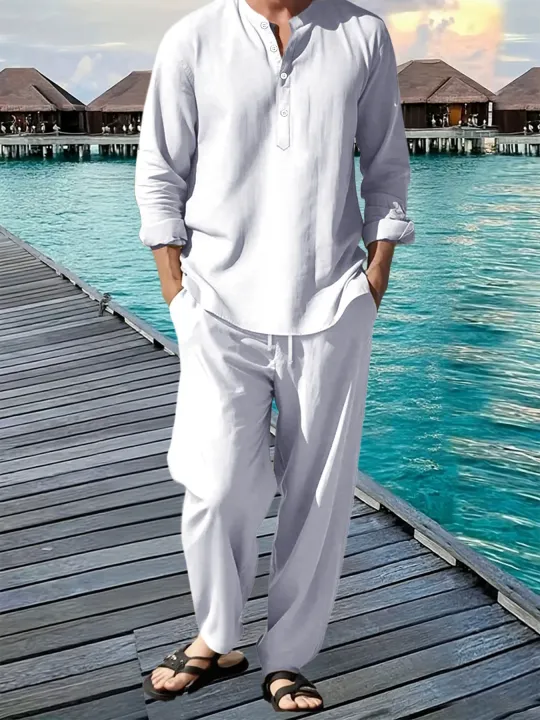 Men's%20Shirt%20Pants%20Suit%20Summer%20Breathable%20Beach%20Hawaiian%20Vacation%20Casual%20Long%20Sleeves%20Set%20Solid%20Color%20Loose%20Jogging%20Trousers%20-%20Image%202