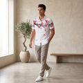 Sunnyheart Shirt for Men - Summer Wear Polyester Shirt, Ink & Wash Plum Blossom Flower Print Top in White Color. 