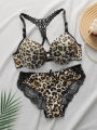 Women's  lingerie set with front buckle leopard print lace crossed back with steel ring gathered push up bra set A3159. 