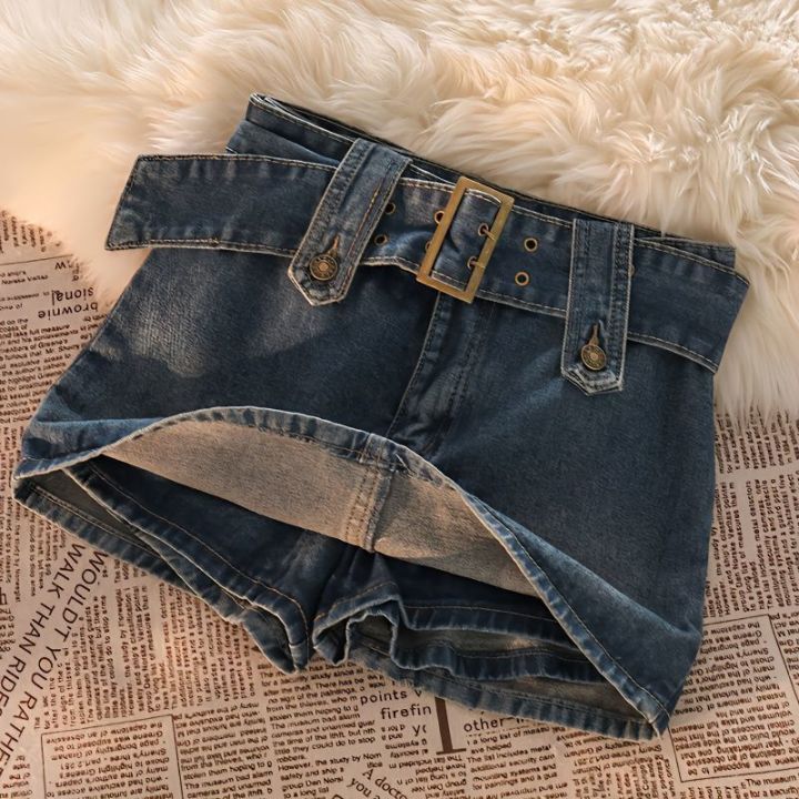 Y2K Summer New A-line Miniskirt High Waist Street Fashion Denim Retro Straight Tube Hip Wrap Skirt Women's Belt Skirt
