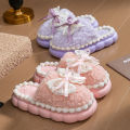 Bow 2025 new cotton slippers women's winter indoor home soft sole non-slip warm plush thick-soled confinement shoes. 