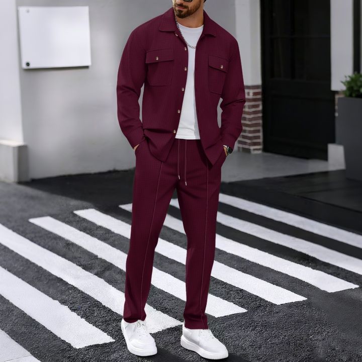 Men's%20Waffle%20Check%20Workwear%20Fashionable%20Lapel%20Button%20Jacket%20And%20Long%20Pants%20Comfortable%20Breathable%20Casual%20Business%20Outfi%201/2piece%20-%20Image%204