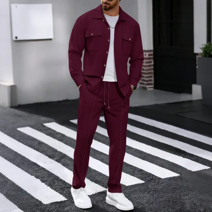 Men's%20Waffle%20Check%20Workwear%20Fashionable%20Lapel%20Button%20Jacket%20And%20Long%20Pants%20Comfortable%20Breathable%20Casual%20Business%20Outfi%201/2piece%20-%20Image%204