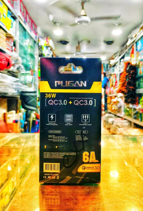 Pugan%2036W%20car%20charger,super%20fast%20charger%20for%20car,Quick%20charger.36W%20USB%20pugan%20car%20first%20charger%20with%203in1%20cable%20type%20C%20lighting%20cable%20and%20micro%20USB%20-%20Image%202