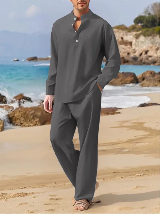 Summer%20Men's%20Casual%20Two%20Pieces%20Daily%20Outdoor%20Travel%20Basic%20Breathable%20Shirt%20Solid%20Pants%20Suit%20Male%20Beach%20Tracksuits%20Set%20-%20Image%203