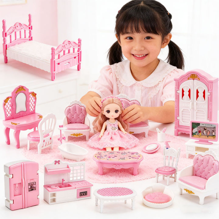 Dollhouse Furniture Set Accessories Mini Bedroom Livingroom Bathroom Kitchen Dollhouse Miniature Pretend Play Family Toys
