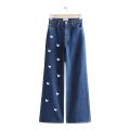 Women’s Blue Butterfly Wide-Leg Denim Jeans Printed and Export Quality. 