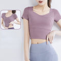 Slim Solid T Shirts for Women with Chest Pads Yoga T Shirts Gym Trainning Running High Elastic Fashion Knit Fitness Short Sleeve.