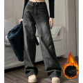 Winter Lady Plush Thermal High Waist Thin Jeans Girls Fleece Snow Warm Denim Pants Female Comfortable Straight Leg Trousers. 