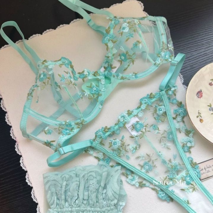 Women's French Embroidered Lace Set Sensual Mesh Bra Set & Brief Soft Underwire Unpadded Bralette Deep V Plunge Elegant Lingerie