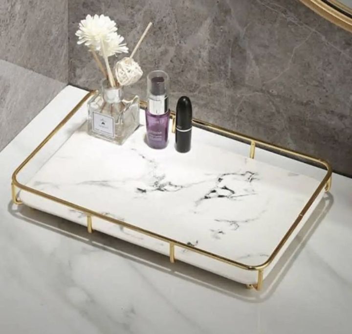 Vanity Organizer Tray with Polished metal  Gold marble cover