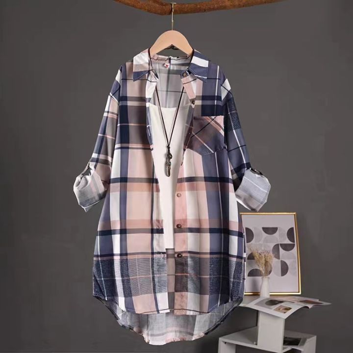 Plus%20Size%20Cotton%20Mid%20Length%20Plaid%20Print%20Women%20Autumn%20Shirts%20Casual%20Female%20Korean%20Fashion%20Long%20Sleeve%20Single-breasted%20Blouses%20-%20Image%207