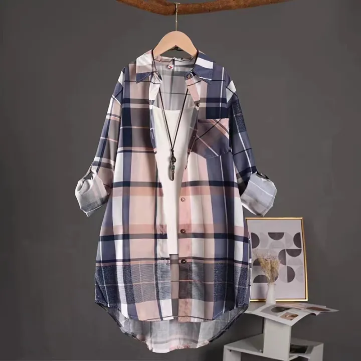 Plus%20Size%20Cotton%20Mid%20Length%20Plaid%20Print%20Women%20Autumn%20Shirts%20Casual%20Female%20Korean%20Fashion%20Long%20Sleeve%20Single-breasted%20Blouses%20-%20Image%207