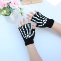 Halloween Skeleton Skull Half Finger Luminous  Fingerless Stretch Knitted Gloves Skull Fingerless Black Mitten. 