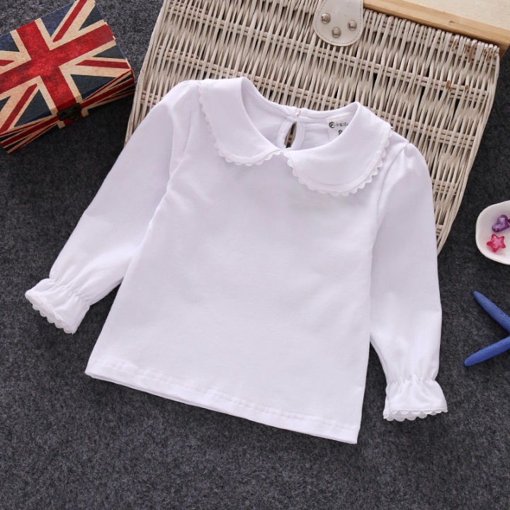 Fall Spring Little Girls Shirts Cotton Lace White Long Sleeve Child T-shirt Girls Kids Baby Toddler Tops and Blouses