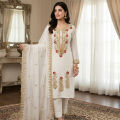 Georgette Unstitched 3pc Suit for Women All Season High Quality Indian Weightless Georgette Fabric Embroidered Style White Color.