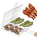 Barbecue Grilling Reusable Meat Fish Clip Holder Wooden Handle Stainless Steel Grill Mesh Foldable BBQ Grill Mat Grilling Basket.