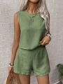 2025 Women's Solid Color Simple Fashion Casual Sleeveless Top and Shorts Set.