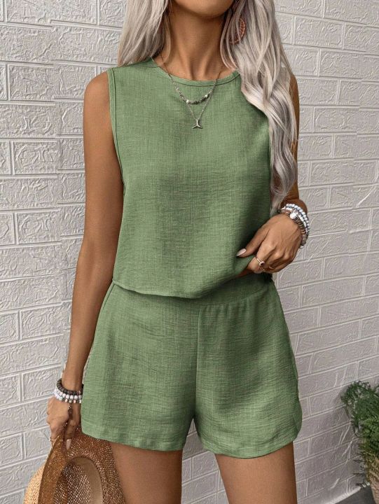 2025%20Women's%20Solid%20Color%20Simple%20Fashion%20Casual%20Sleeveless%20Top%20and%20Shorts%20Set%20-%20Image%202