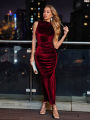 Women's Velvet Maxi Dress Sleeveless High Neck Ruched Bodycon Evening Party Formal Long Dress. 