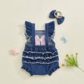 Baby Girl 2Pcs Summer Outfits Ruffle Sleeveless Bowknot Embroidery Denim Romper with Headband Set Newborn Clothes. 