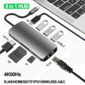 For Laptop 8 IN 1 USB C HUB 4K60Hz Type C to HDMI 2.0 RJ45 PD 100W Docking station For Macbook iPad M2 M1 Samsung USB 3.0 HUB. 