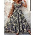 Plus Size Women's Bohemian Floral Print V-Neck Short Sleeve Dress Oversized Ruffled Skirt For Women Casual A-line Long Dresses.
