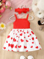 Fashionable baby girl summer trend cute heart with cartoon elephant suspender dress.